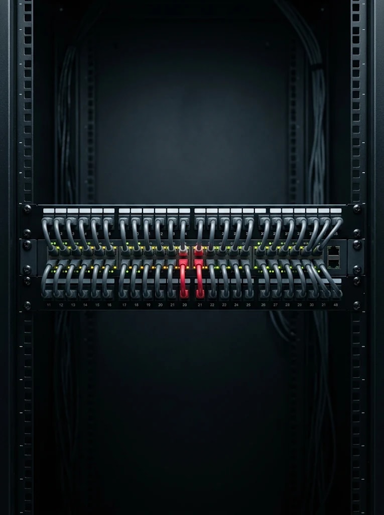 A patch panel with neatly patched network cables