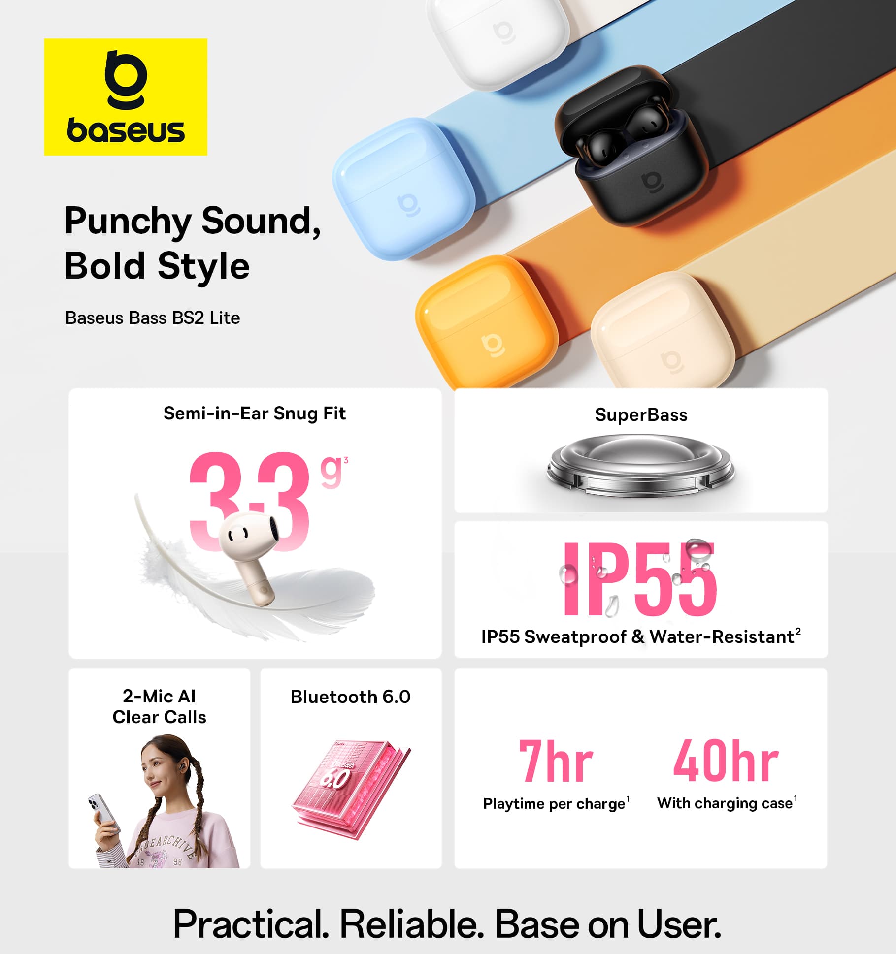 Baseus Bass BS2 Lite True Wireless Earbuds – Moon White, view 6