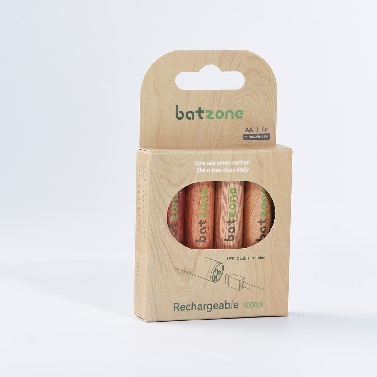 Batzone 600mAh 2220mWh 1.5V USB-C Rechargeable Li-ion AA Batteries (4-Pack)