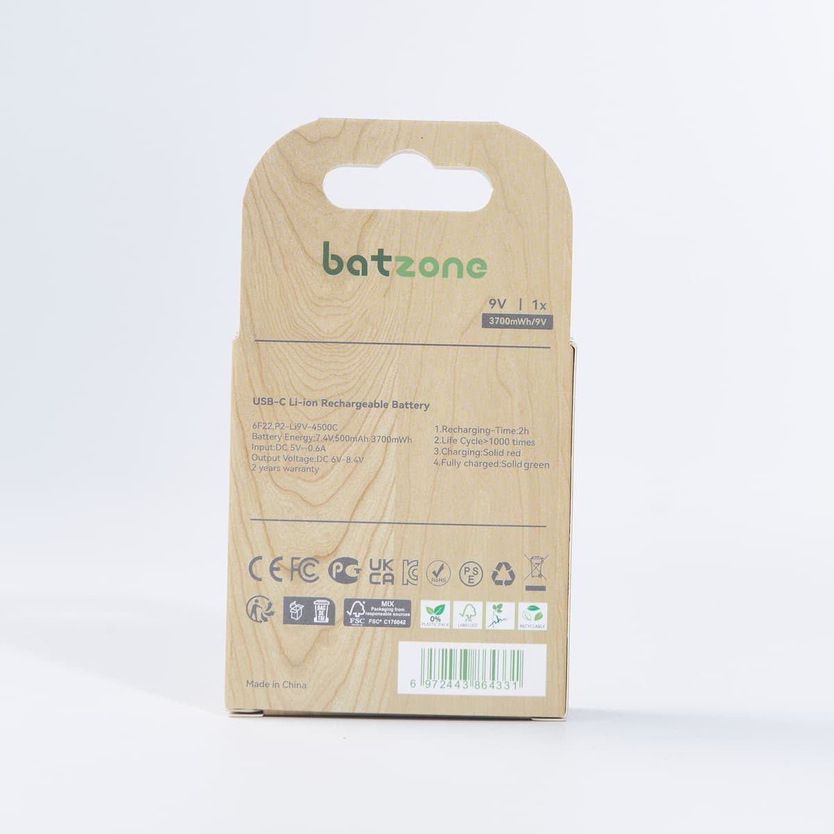 Batzone 9V 3700mWh USB-C Li-ion Rechargeable Battery (1-Pack), view 5