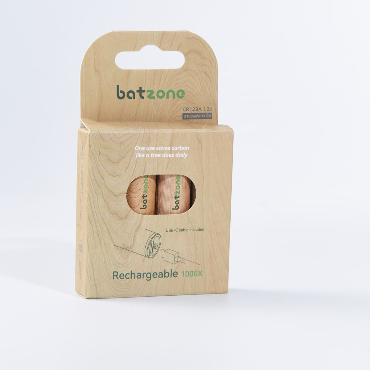 Batzone CR123A 2100mWh USB-C Li-ion Rechargeable Batteries (2-Pack)