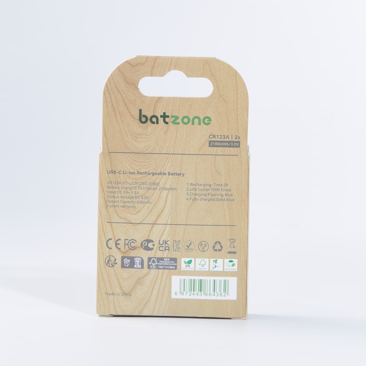 Batzone CR123A 2100mWh USB-C Li-ion Rechargeable Batteries (2-Pack), view 6