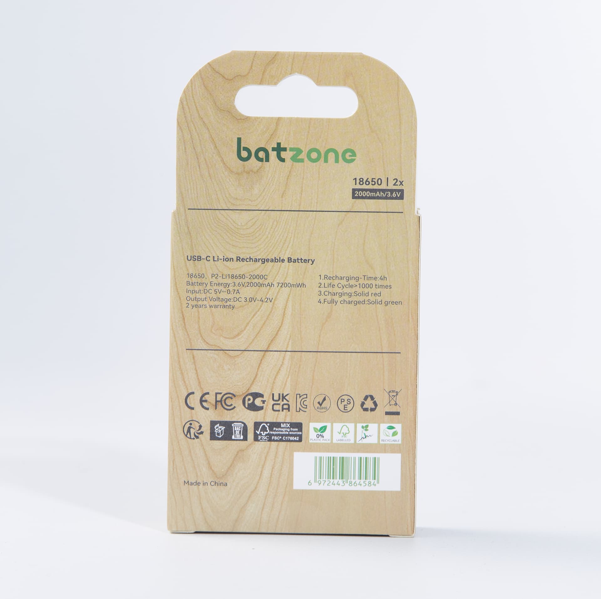 Batzone 18650 7200mWh USB-C Li-ion Rechargeable Batteries (2-Pack), view 2