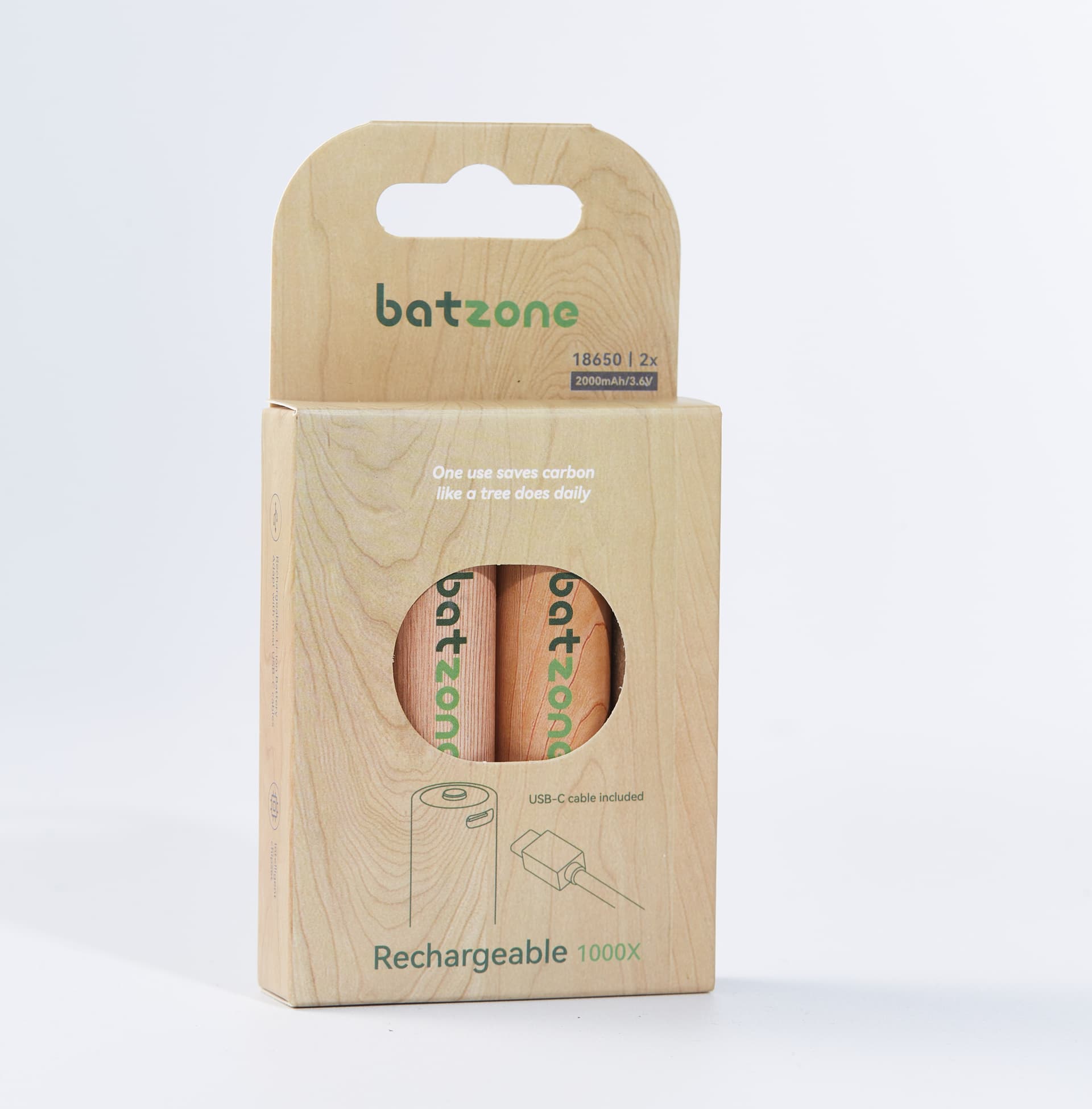 Batzone 18650 7200mWh USB-C Li-ion Rechargeable Batteries (2-Pack)