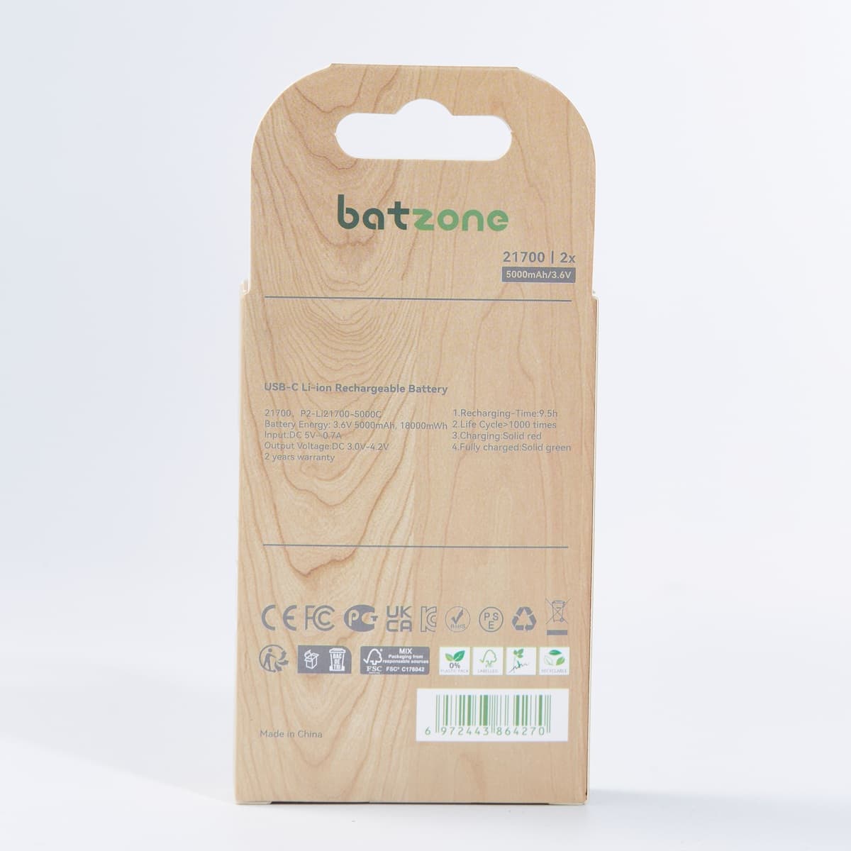 Batzone 21700 18000mWh USB-C Li-ion Rechargeable Batteries (2-Pack), view 7