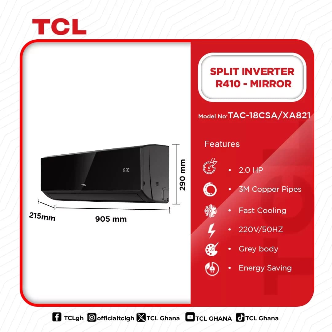 TCL TAC-18CSA/XA82I 2.0 HP SPLIT AC INVERTER R410 - BLACK MIRROR