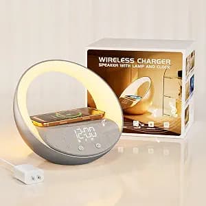 S11 - 4-in-1 Bluetooth Speaker with Clock, 15W Wireless Charger, LED Nightlight, Alarm - Wooden, view 2