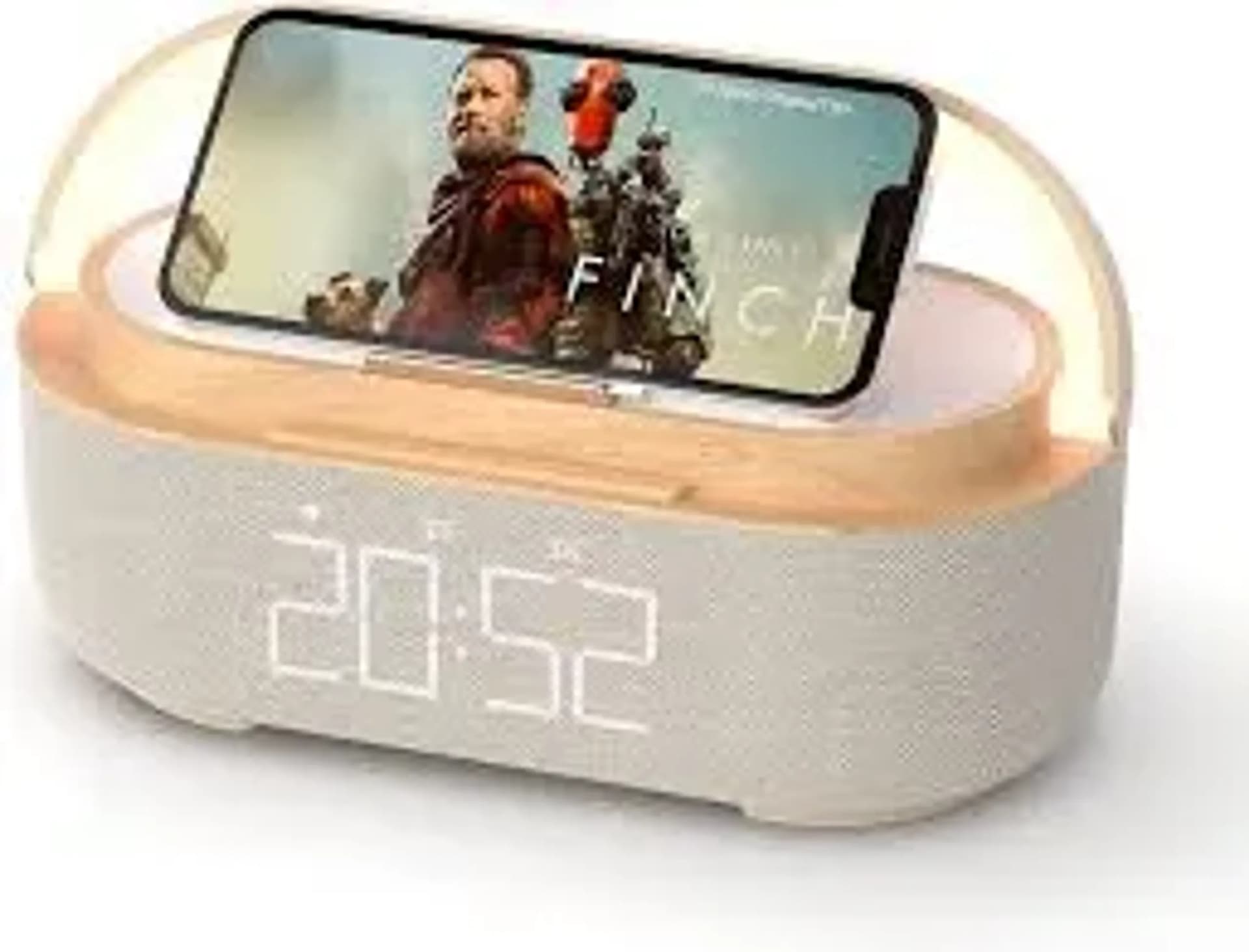 6-IN-1 ALARM CLOCK, WIRELESS CHARGER, MOBILE STAND, WIRELESS SPEAKER, MOOD LIGHT, 4MM CHARGE DISTANCE