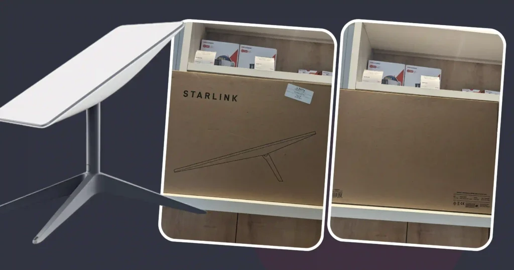 A rectangular Starlink standard kit Gen 3 satellite dish with a built-in kickstand, shown alongside the compact Gen 3 Wi-Fi 6 router on a clean, black background.