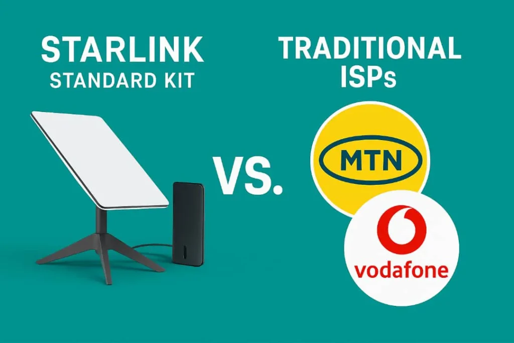starlink vs. traditional ISPs MTN and Vodafone on a blue background.