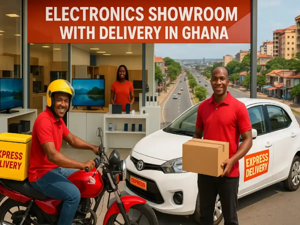 delivery car and motorbike parked infront of electronic showroom
