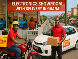 delivery car and motorbike parked infront of electronic showroom